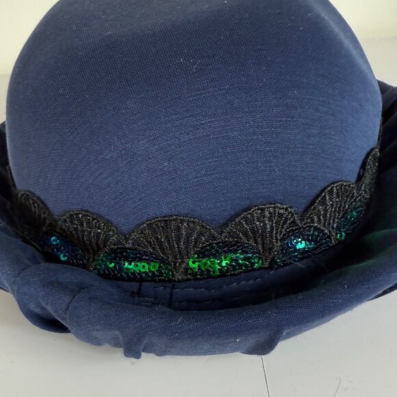 Wool Bowler Hat Navy With Black Lace Green Sequin Trim Elegant Classic Style main image 10